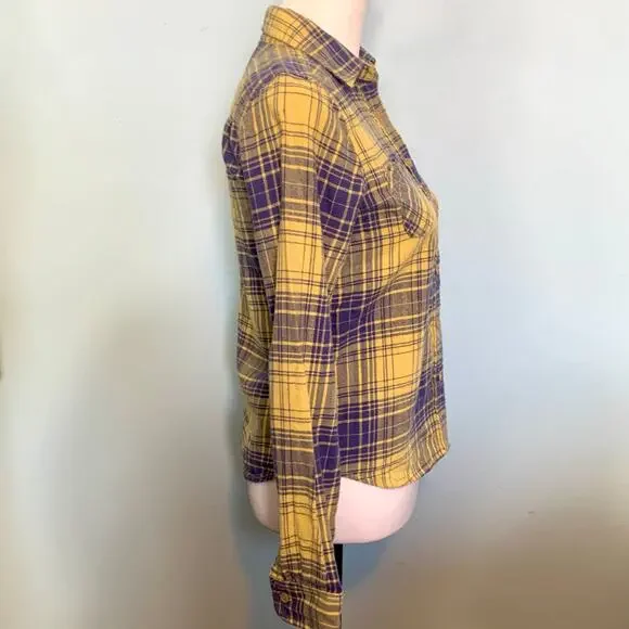 American Eagle Outfitters Yellow and Blue Plaid Flannel Button Down Size 4 - Picture 5 of 8